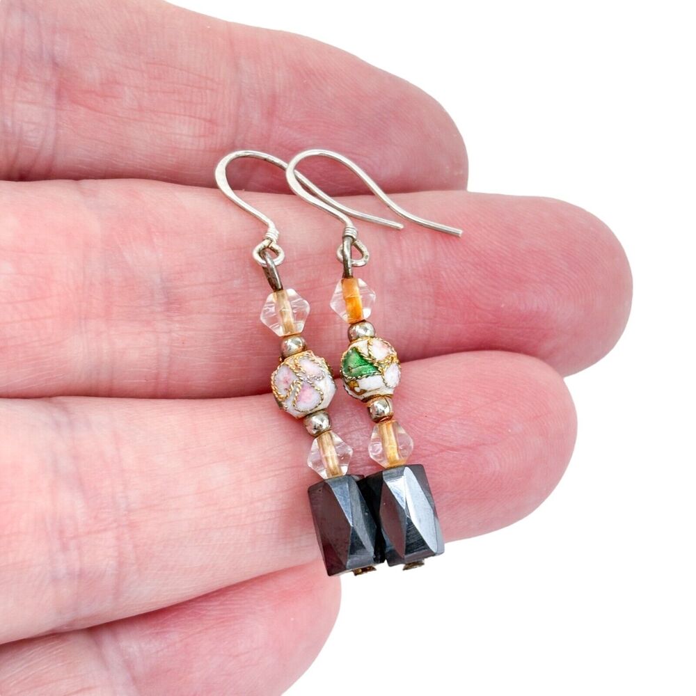 Estate Sterling Silver 925 Magnesite & Cloisonné Bead Dangle Earrings